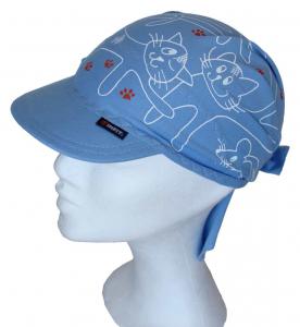 Dětský šátek s kšiltem  kouřově modrý vzor Kočky